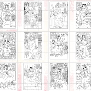 May include: A collection of black and white illustrations, each depicting a woman in various settings. The images feature detailed line art, showcasing scenes with food, beauty products, and text like "Pretty Baked Vol. 2" and "Btd's Boujee Beauty Supply".