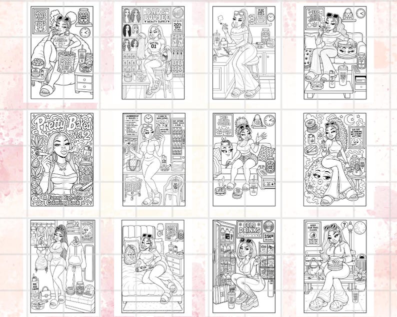 May include: A collection of black and white illustrations, each depicting a woman in various settings. The images feature detailed line art, showcasing scenes with food, beauty products, and text like "Pretty Baked Vol. 2" and "Btd's Boujee Beauty Supply".