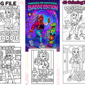 Puede incluir: Una descarga digital con páginas para colorear con el tema "Baddie Edition". Las páginas incluyen ilustraciones de varios personajes, como "Flintstone Baddie", "Scooby Baddie" y "Rugrat Baddie". La portada dice "Through the Multiverse" y "40 Coloring Pages".