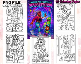 40 Baddie Multiverse Coloring Pages PNG Bundle Black Girl Cartoon-Inspired Art Digital Download 90's baby Y2k Shows Cartoon Coloring Book