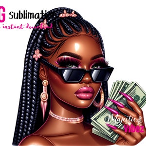 Ragazza nera con soldi PNG clipart spaccone Occhiali da sole Clipart soldi Donne afroamericane Ragazza nera Magic Melanin Ragazza urbana PNG