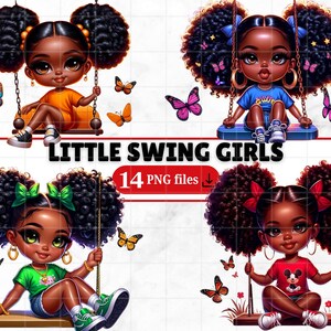 Può includere: Quattro illustrazioni digitali di ragazze nere su altalene, circondate da farfalle. Ogni ragazza ha un abito e un'acconciatura unici. È visibile anche il testo "LITTLE SWING GIRLS" e "14 PNG files".