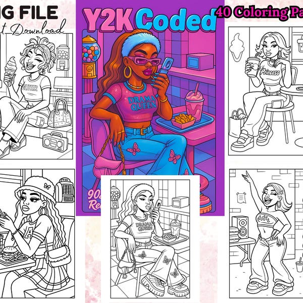 40 Y2K Coloring Pages PNG Bundle Black Girl 2000s Fashion Line Art Digital Download for Teens and Adults Aesthetic Nostalgia Book 90's Baby