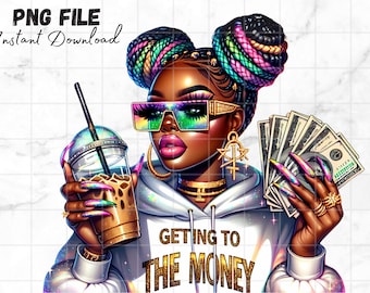 Black girl holding money PNG Beautiful girl clipart Woman with Iced coffee Latte Clip art Getting money quotes Money inspiration Sublimation