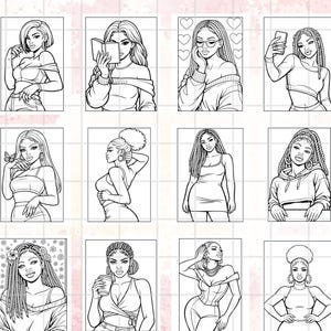 Peut inclure: Une collection d'illustrations en noir et blanc de femmes dans diverses poses. Chaque illustration est un portrait de femme, avec diff&eacute;rentes coiffures, v&ecirc;tements et accessoires. Les images sont de format rectangulaire, adapt&eacute;es au coloriage ou au design.
