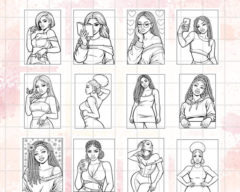 Peut inclure: Une collection d'illustrations en noir et blanc de femmes dans diverses poses. Chaque illustration est un portrait de femme, avec diff&eacute;rentes coiffures, v&ecirc;tements et accessoires. Les images sont de format rectangulaire, adapt&eacute;es au coloriage ou au design.