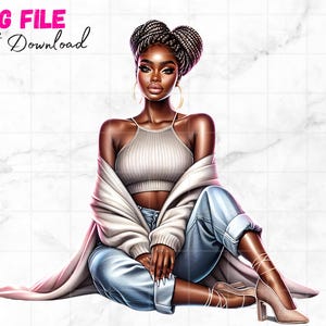 Lindas Mulheres Negras Png Garota Negra Com Tranças Clipart Elegante Rainha Melanina Garota Negra Sentada Moda Garota Sublimação Download Digital
