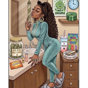 May include: Illustration of a woman in a teal jumpsuit holding a large rolled cannabis cigarette. The image includes a jar labeled "Big Bud Big Vibes", a snack, and a sign that says "Smoke Weed Not Drama". A clock shows the time as 3:00.