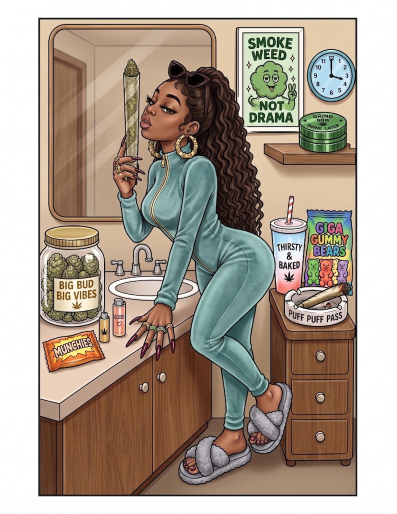 May include: Illustration of a woman in a teal jumpsuit holding a large rolled cannabis cigarette. The image includes a jar labeled "Big Bud Big Vibes", a snack, and a sign that says "Smoke Weed Not Drama". A clock shows the time as 3:00.