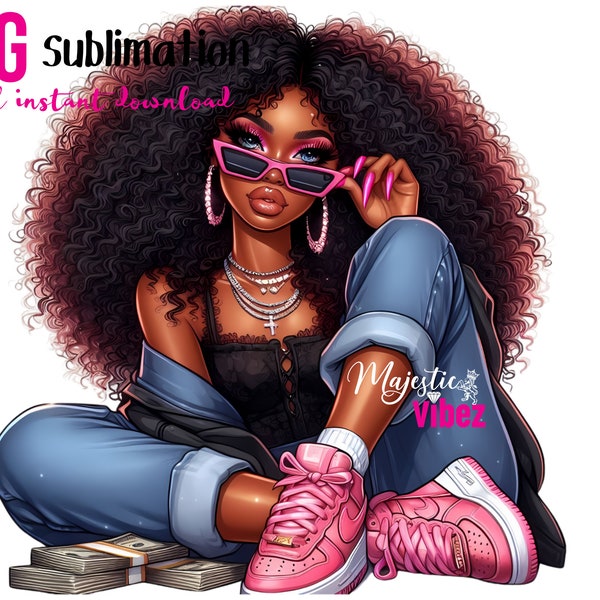 Beautiful black girl PNG Afro curly hair Pink sunglasses Money Boss Clip art Fashion girl Melanin Magic African American Hustler Girl Boss