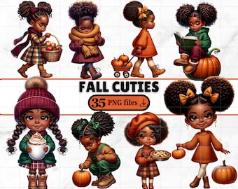 35 Black Fall Cuties African American Girls Autumn PNG Bundle 35 High Quality Illustrations for Sublimation Stickers Crafts Clipart