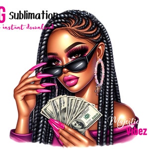 Ragazza nera con soldi PNG clipart spaccone Occhiali da sole Clipart soldi Donne afroamericane Ragazza nera Magic Melanin Ragazza urbana PNG