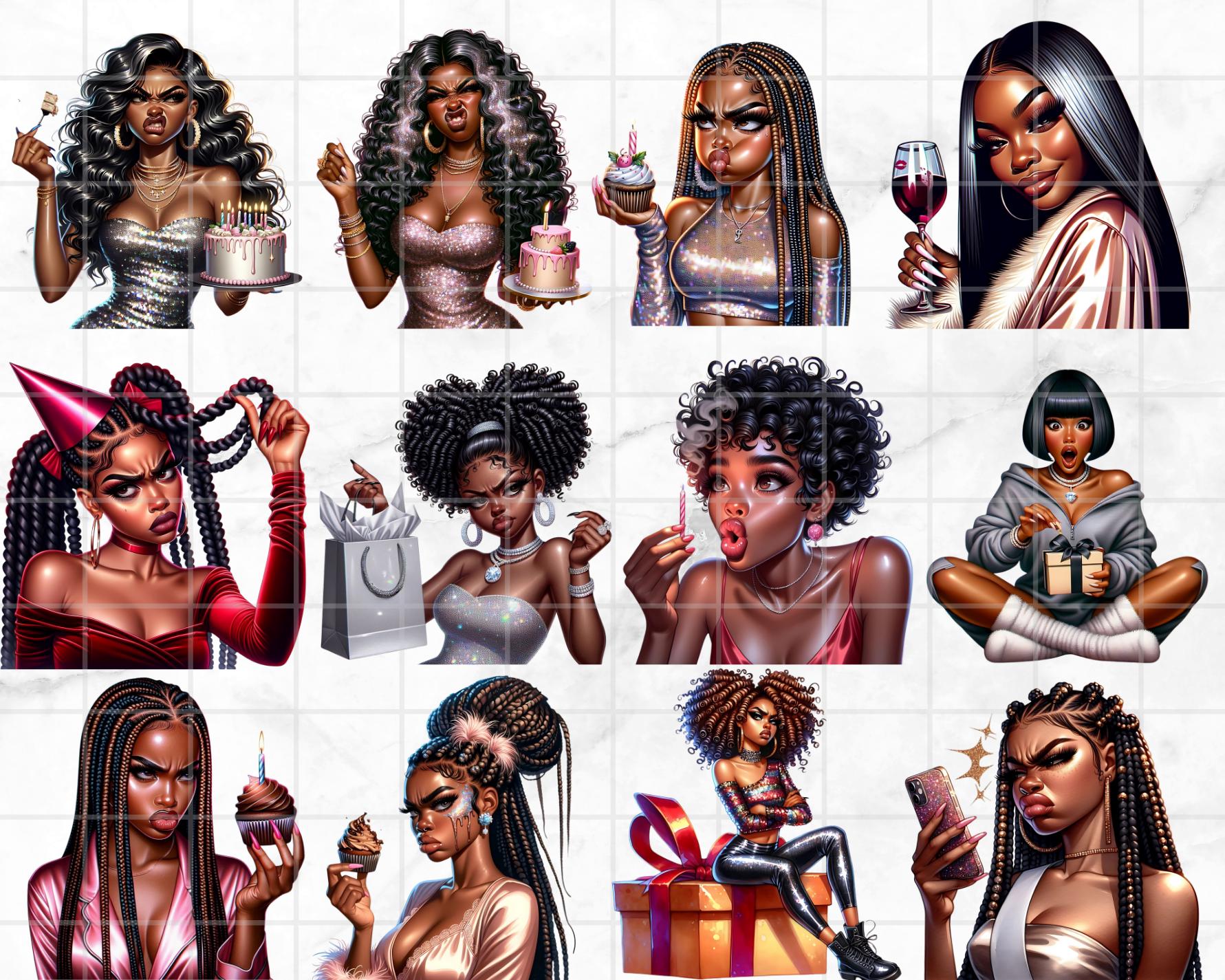 40枚の黒人女性向け誕生日クリップアートセット。アティチュードPNGケーキクラウン、面白い生意気なアフロ女性、ムーディーなお祝いギフト、昇華転写アート。  - Etsy 日本, image size:1781x1425