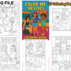 Puede incluir: Una descarga digital con seis páginas para colorear con varios temas. Las páginas incluyen ilustraciones de amigos, rutinas de belleza y noches de cine. El texto incluye "Color Me 'Besties' Coloring Book", "Glow Up Time" y "Movie Night Mood".