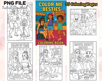 35 páginas para colorear de chicas negras Color Me Besties, atrevidas y fáciles, con mejores amigas, compras, días de relax y vibras de autocuidado imprimibles.