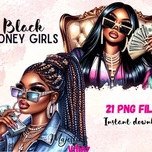 Black Hustle Girls Clipart Bundle Schwarzes Mädchen mit Geld PNG Urban Hustler Girl Clip Art Boss Chick png Schwarze Frauen Afro-Amerikanische Sublimation