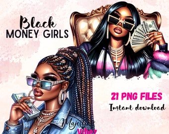 Black Hustle Girls Clipart Bundle Schwarzes Mädchen mit Geld PNG Urban Hustler Girl Clip Art Boss Chick png Schwarze Frauen Afro-Amerikanische Sublimation