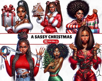 May include: Digital art featuring six illustrations of Black women with various Christmas-themed items. The women are depicted with expressive faces and are wearing festive outfits. The text "A Sassy Christmas" is displayed with "32 PNG files".
