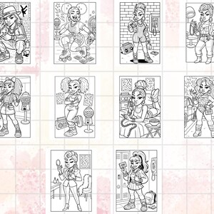 Puede incluir: Una colecci&oacute;n de ilustraciones en blanco y negro que presentan a mujeres con estilo en varias poses. Cada ilustraci&oacute;n muestra un atuendo y un entorno diferente, con elementos como radiocasetes, patines y peinados retro. El tema general es una celebraci&oacute;n de la moda retro y el estilo urbano.