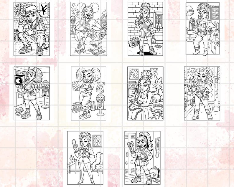 Puede incluir: Una colecci&oacute;n de ilustraciones en blanco y negro que presentan a mujeres con estilo en varias poses. Cada ilustraci&oacute;n muestra un atuendo y un entorno diferente, con elementos como radiocasetes, patines y peinados retro. El tema general es una celebraci&oacute;n de la moda retro y el estilo urbano.