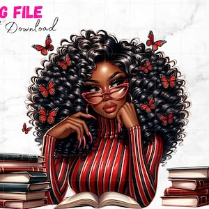 Menina negra lendo png lindas mulheres negras amantes de livros clipart borboleta afro melanina rainha menina negra mágica sublimação download digital