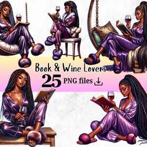 May include: Digital art featuring four illustrations of a person in purple pajamas, reading a book and drinking wine. The text "Book & Wine Lovers" and "25 PNG files" are also visible. The person is wearing fuzzy slippers.