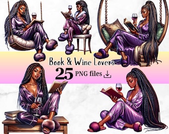 25 Book Lover Clipart Cozy Black Girl Women Reading Wine Lovers Self Love Clipart Book Worm Afro American Planner Stickers Sublimation