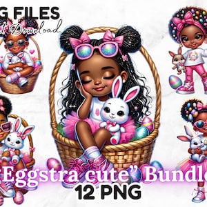 Op de afbeelding: Digitale kunstbundel met zes illustraties van zwarte meisjes met Pasen thema's. Elk meisje wordt afgebeeld met een konijn, gekleed in roze en witte outfits, en omringd door paaseieren. De tekst "Eggstra cute" en "12 PNG" is ook zichtbaar.