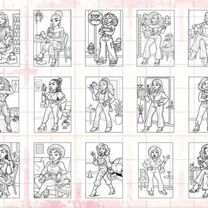 K&ouml;nnte beinhalten: Eine Sammlung von Schwarz-Wei&szlig;-Illustrationen stilvoller Frauen in verschiedenen Posen und Umgebungen. Jede Illustration zeigt eine andere Frau, die verschiedene Outfits und Accessoires pr&auml;sentiert. Einige Bilder enthalten Text, wie z. B. "STOP SETTLING".