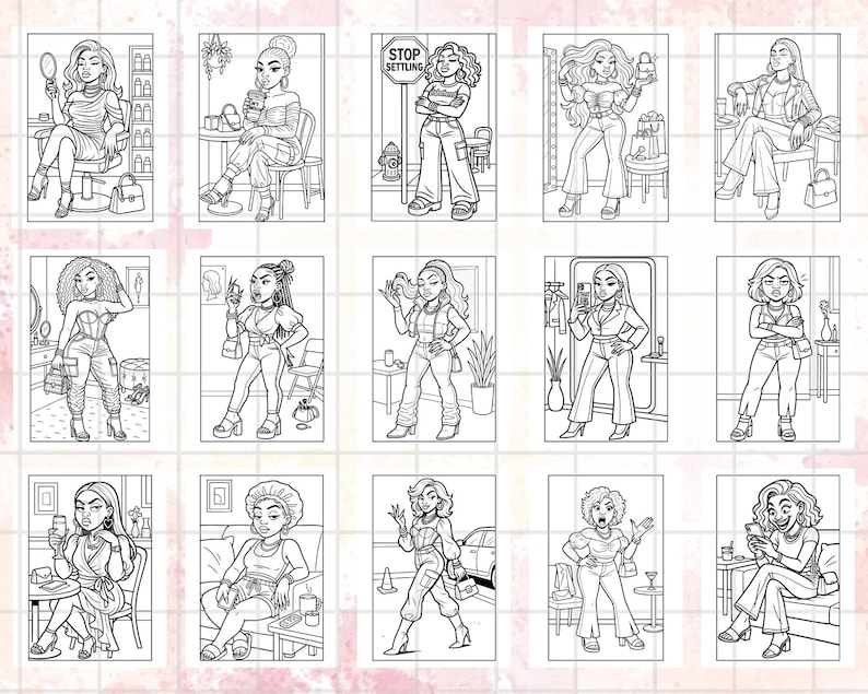 K&ouml;nnte beinhalten: Eine Sammlung von Schwarz-Wei&szlig;-Illustrationen stilvoller Frauen in verschiedenen Posen und Umgebungen. Jede Illustration zeigt eine andere Frau, die verschiedene Outfits und Accessoires pr&auml;sentiert. Einige Bilder enthalten Text, wie z. B. "STOP SETTLING".