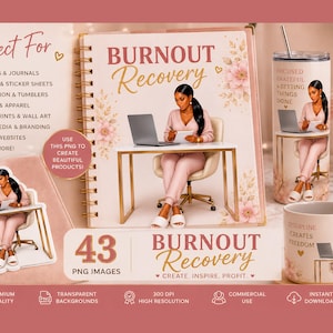 K&ouml;nnte beinhalten: Digitales Design-Set mit einer Frau, die an einem Laptop an einem Schreibtisch arbeitet, mit den Worten "Burnout Recovery". Das Set enth&auml;lt ein Notizbuch, einen Becher, eine Tasse und einen Aufkleber, alle mit dem gleichen Design. F&uuml;r Planer, Journale, Aufkleber, Kleidung usw.