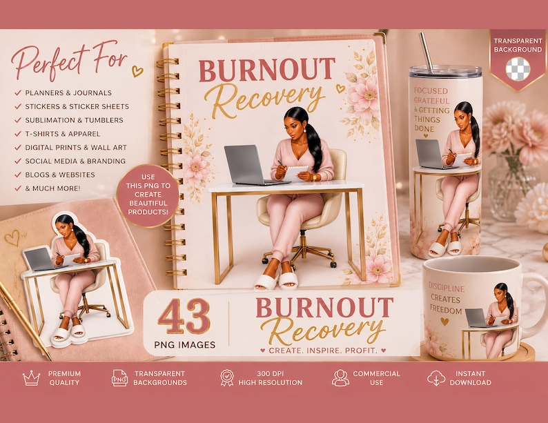 K&ouml;nnte beinhalten: Digitales Design-Set mit einer Frau, die an einem Laptop an einem Schreibtisch arbeitet, mit den Worten "Burnout Recovery". Das Set enth&auml;lt ein Notizbuch, einen Becher, eine Tasse und einen Aufkleber, alle mit dem gleichen Design. F&uuml;r Planer, Journale, Aufkleber, Kleidung usw.