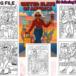 May include: A digital download featuring 54 coloring pages. The pages showcase illustrations of women representing different U.S. states, including Texas, Illinois, Florida, Alaska, and Pennsylvania. The title "United Slays of America" is displayed at the top.