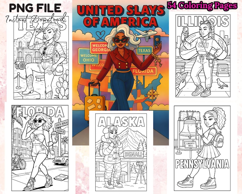 May include: A digital download featuring 54 coloring pages. The pages showcase illustrations of women representing different U.S. states, including Texas, Illinois, Florida, Alaska, and Pennsylvania. The title "United Slays of America" is displayed at the top.