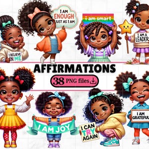 Peut inclure: Illustrations numériques de filles de dessins animés avec des affirmations. Chaque fille tient une pancarte avec des messages positifs comme "Je suis suffisant", "Je suis intelligent" et "Je suis reconnaissant". L'image comprend le texte "AFFIRMATIONS" et "38 fichiers PNG."