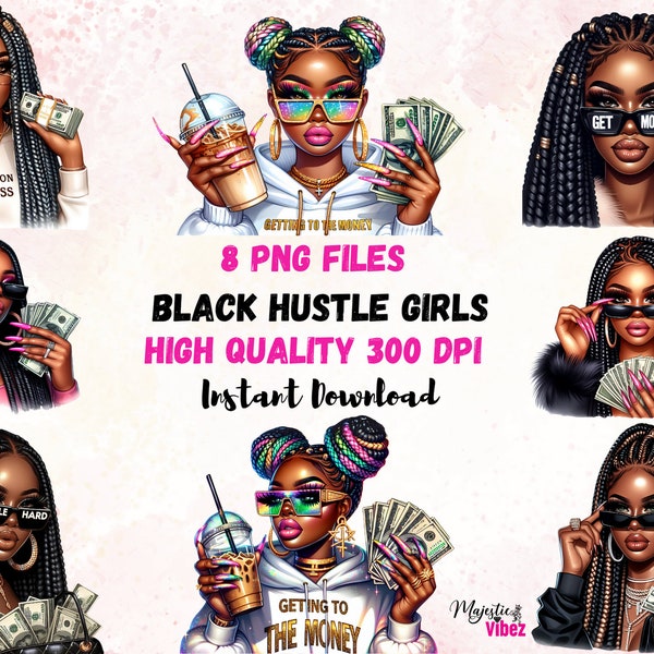 Bundle de cliparts Fille noire avec de l'argent Filles Hustler PNG Fille urbaine avec de l'argent clipart Boujee femmes noires png Sublimation de clipart femme noire