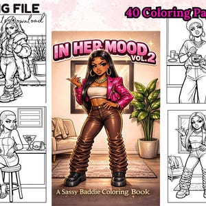May include: A digital download of a coloring book titled "In Her Mood Vol. 2". The cover features a cartoon illustration of a woman in a pink jacket and brown pants. The book includes 40 coloring pages and is available for instant download.