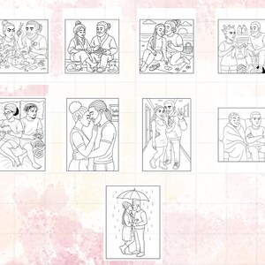 Puede incluir: Una colecci&oacute;n de ilustraciones en blanco y negro que representan diversas escenas de parejas. Las im&aacute;genes muestran parejas en diferentes entornos, incluyendo en casa, al aire libre y en momentos &iacute;ntimos. Las ilustraciones son para colorear.
