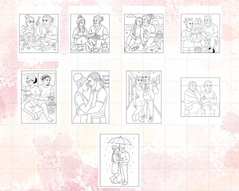 Puede incluir: Una colecci&oacute;n de ilustraciones en blanco y negro que representan diversas escenas de parejas. Las im&aacute;genes muestran parejas en diferentes entornos, incluyendo en casa, al aire libre y en momentos &iacute;ntimos. Las ilustraciones son para colorear.