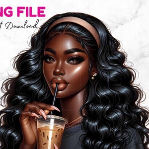 Linda garota negra xícara de café PNG Mulheres negras Clipart Rosa Roupa Afro Rainha Melanina Magia Afro-americana Menina negra Clipart Tranças