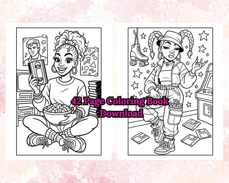Puede incluir: Dibujo lineal en blanco y negro de una descarga de libro para colorear de 42 p&aacute;ginas. Las ilustraciones representan a dos mujeres en entornos retro. Una sostiene una cinta de VHS y palomitas de ma&iacute;z, la otra est&aacute; cerca de una m&aacute;quina recreativa y patines.