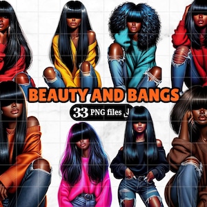 33 zwarte vrouw clipart PNG bundel schoonheid en pony Afro-Amerikaanse mode meisje graphics voor sublimatie melanine gescheurde jeans haarkunst