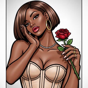 Peut inclure: Illustration de femme &agrave; la peau brune, aux cheveux courts bruns et aux cr&eacute;oles dor&eacute;es. Elle porte un corset beige et un collier de perles, tenant une rose rouge. Ses ongles sont longs et peints. Style pop art.