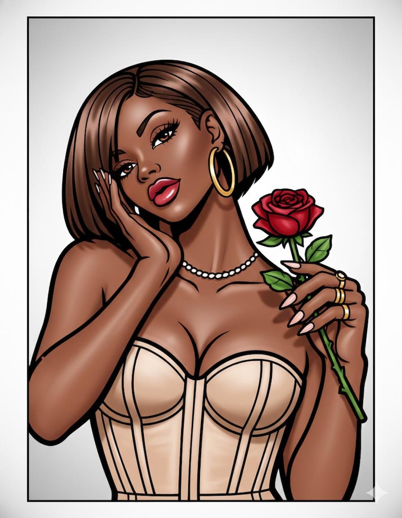 Peut inclure: Illustration de femme &agrave; la peau brune, aux cheveux courts bruns et aux cr&eacute;oles dor&eacute;es. Elle porte un corset beige et un collier de perles, tenant une rose rouge. Ses ongles sont longs et peints. Style pop art.