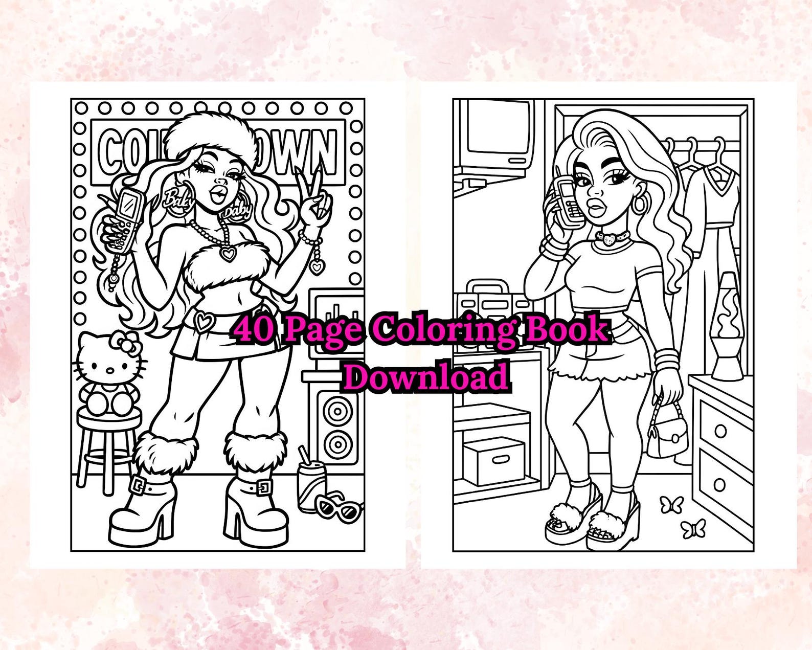 40 Y2K Coloring Pages PNG Bundle Black Girl 2000s Fashion Line Art ...