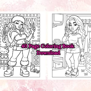 May include: Black and white line art coloring book pages. One page features a woman holding a flip phone with the word "Countdown" above her. The other page shows a woman on the phone in front of a closet. The text "40 Page Coloring Book Download" is also visible.