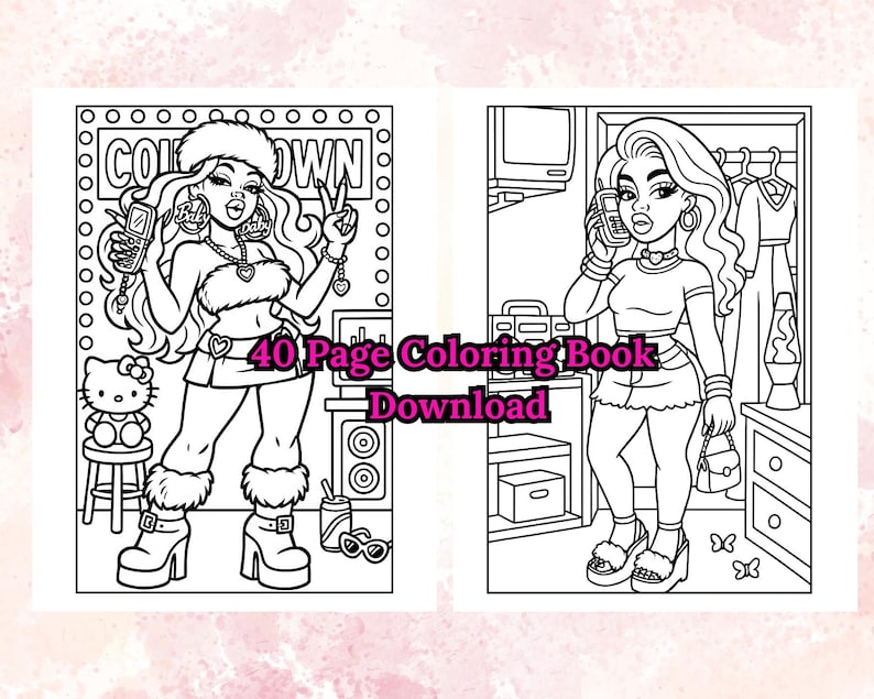 May include: Black and white line art coloring book pages. One page features a woman holding a flip phone with the word "Countdown" above her. The other page shows a woman on the phone in front of a closet. The text "40 Page Coloring Book Download" is also visible.