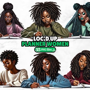 Puede incluir: Arte digital con seis ilustraciones de mujeres con rastas, cada una escribiendo en un cuaderno. El texto "LOC'D UP PLANNER WOMEN" se muestra en verde y blanco, junto con "35 PNG files". Las mujeres visten tops de varios colores.