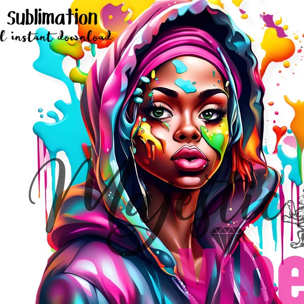 Black Artist girl Clipart Girl with paint splatter PNG Vibrant colorful PNG Black girl African american Instant download