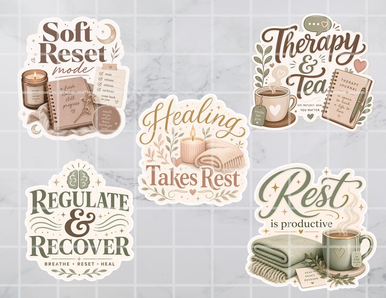 K&ouml;nnte beinhalten: Eine Sammlung von Aufklebern mit Selbstpflege-Themen. Designs beinhalten Texte wie "Soft Reset Mode", "Therapy & Tea" und "Rest is Productive". Jeder Aufkleber zeigt sanfte Farben, Kerzen, Journale und Teetassen.